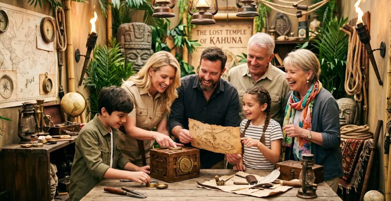 Famille avec enfants et adultes résolvant une énigme dans un décor d'escape game thème aventure avec accessoires d'expédition