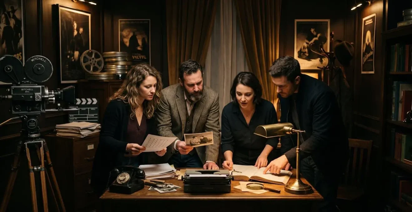 Groupe de joueurs plongés dans un décor d'escape game inspiré du cinéma, avec éclairages dramatiques et mise en scène cinématographique