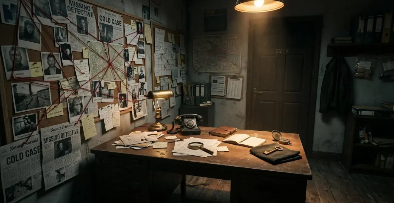 Vue intérieure d'une salle d'escape game style thriller avec indices dissimulés, murs recouverts de documents et éclairage bas de plafond